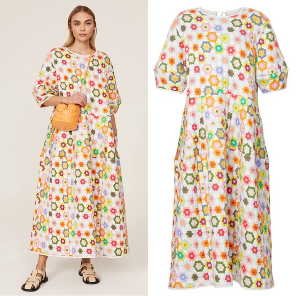 Mira Mikati Baja Bright Blooms Quilted Midi Dress Size Large Colorful Multi